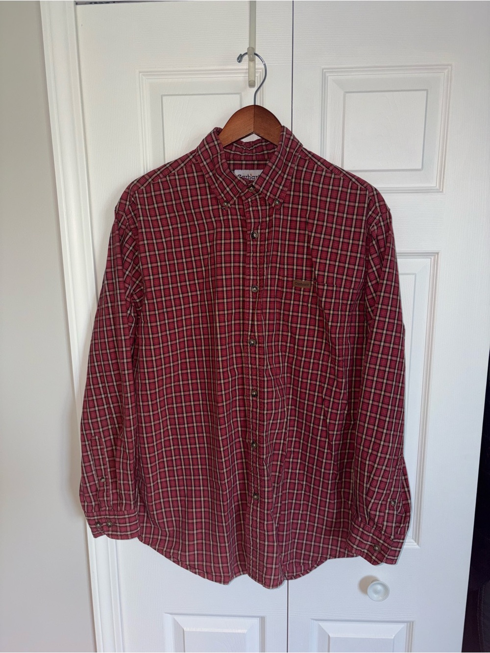 VTG Carhartt Button Up Shirt Mens L Red/White Plaid Long Sleeve Workwear Flannel
